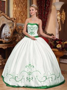White Taffeta Strapless Ball Gown Quinceanera Dress with Green Embroidery on Sale