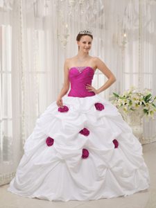 Fuchsia and White Strapless Beaded Quinceanera Dress with Pick-ups and Flowers