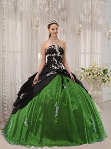 Popular Slot Neckline Black and Green Drapped Quinceanera Dress with Appliques
