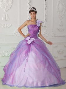 Lavender One-shoulder Drapped Organza Quinceanera Dress with Flowers for Cheap