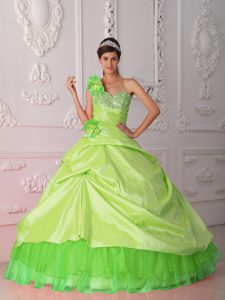 Spring Green One-shoulder Beaded Quinceanera Dresses with Flowers and Pick-ups