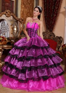 New Hot Pink and Black Sweetheart Beaded Organza Quinceanera Dress with Layers