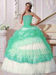 Nice Apple Green and White Organza Quinceanera Dress with Pick-ups and Appliques