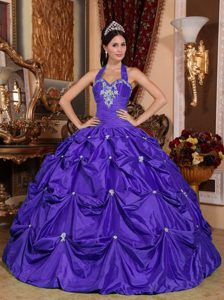 Halter Purple Taffeta Floor-length Quinceanera Dresses with Appliques and Pick-ups