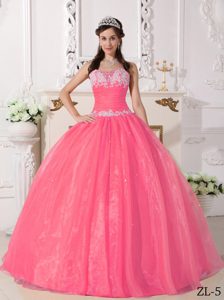 Watermelon Strapless Beaded Organza Quinceanera Dress with Appliques for Cheap