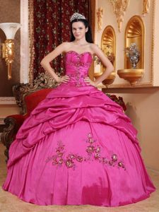 Hot Pink Sweetheart Taffeta Quinceanera Gown Dress with Pick-ups and Appliques