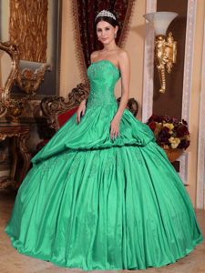 Turquoise Strapless Taffeta Ball Gown Appliqued Dresses for Quince with Pick-ups