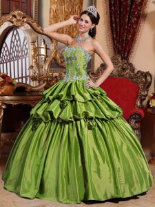 New Olive Green Sweetheart Taffeta Quinceanera Dress with Pick-ups and Appliques