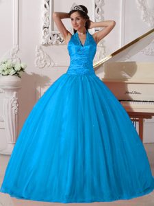 Sky Blue Halter V-neck Floor-length Tulle Sweet 16 Quinceanera Dress with Beading