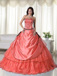 Strapless Orange Red Organza Long Romantic Quinces Dress with Beading