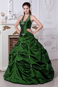 Fabulous Hunter Green Princess Halter Top Taffeta Quinceaneras Dress