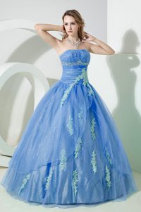 Discount Baby Blue Beaded and Ruched Long Quinceanera Gown under 200