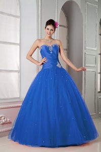 Blue Sweetheart Beaded Long Tulle Magnificent Dress for Quinceanera