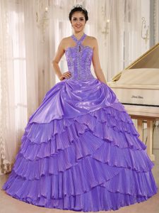 Halter Top Beaded Purple Memorable Quinceanera Gowns with Pleats