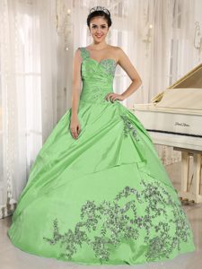 Impressive One Shoulder Spring Green Sweet Sixteen Dress with Appliques