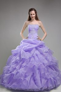 Popular Strapless Beaded and Ruffled Lilac Long Dress for Quinceanera