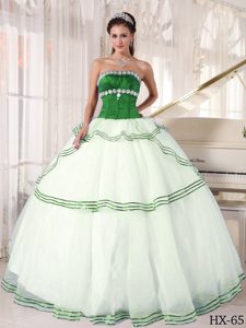 2013 Strapless Organza Appliques Sweet Sixteen Dresses in Green and White