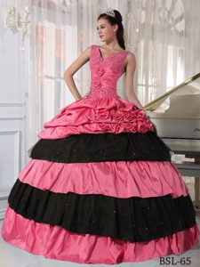 Straps and V-neck Floor-length Beading Quinceanera Dress Made in Taffeta