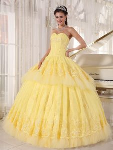 Yellow Boning Details Sweetheart Appliques Organza Quinceanera Dresses