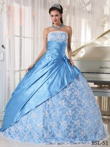 Pretty Aqua Blue Strapless Taffeta Quinceanera Dress Decorated Floral Lace