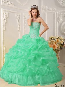 Autumn Apple Green Strapless Organza Beading Dresses for Quinceanera