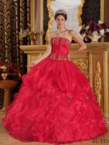 Red Ball Gown Strapless Organza Quinceanera Dress with Gold Appliques