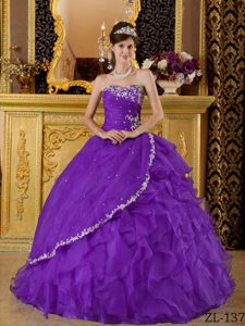 Eggplant Purple Strapless Organza Dresses for Quince Decorated Appliques