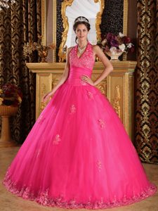 Wholesale Price Appliques Halter Tulle 2014 Quinceanera Dress in Hot Pink