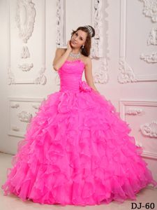Romantic Ball Gown Sweetheart Beading Organza Hot Pink Quinceanera Dress