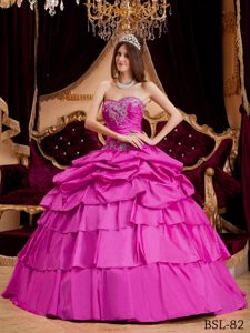 Hot Pink Appliques Taffeta Sweetheart Quinceanera Dress with Layers Ruffles