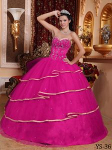 Ball Gown Sweetheart Satin and Tulle Beading Quinceanera Dress in Fuchsia