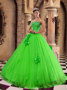 Green Ball Gown Strapless Flowers and Tulle Beading Quinceanera Dress