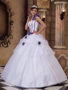 White Floral One Shoulder Satin and Tulle Flowers Quinceanera Dresses