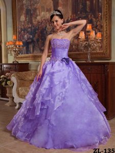 Purple Strapless Beading Flowers Quinceanera Dresses Made in Organza