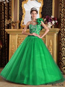 Green Princess One Shoulder Tulle Quinceanera Dresses Decorated Beading