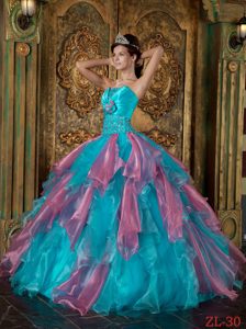 Strapless Organza Beading and Ruffles Quinceanera Dress in Teal and Pink