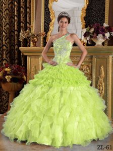 Yellow Green One Shoulder Satin and Organza Beading Quinceanera Dress