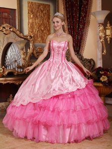 Rose Pink Sweetheart Taffeta and Organza Embroidery Quinceanera Dress