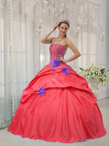 Strapless Taffeta Quinceanera Dress in Red with Beading and Hand Flowers