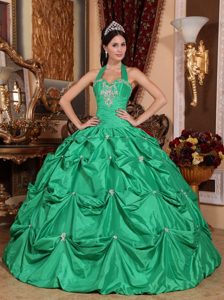 Green Ball Gown Halter Taffeta Appliques Quinceanera Dress with Pick-ups