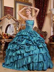 Ball Gown Strapless Appliques and Pick-ups Taffeta Quince Dresses in Teal
