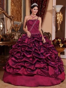 Burgundy Beading One Shoulder Pick-ups Dress for Quince Made in Taffeta