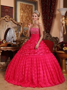 Red A-line Strapless Beading Quinceanera Dress Decorated Rolling Flowers