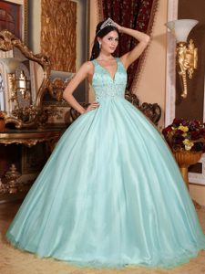 Light Blue Ball Gown V-neck Tulle and Taffeta Beading Quinceanera Dress