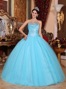 Blue Tulle and Taffeta Quinceanera Gown 2013 with Beading and Ruches