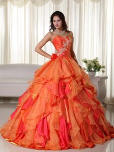Exclusive Orange Organza Quinceanera Gown Dresses with Appliques