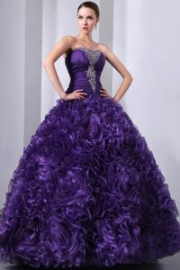 Strapless Organza Beading Purple Quince Dress with Hand Made Flowers