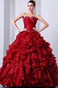 Wine Red Organza Quinceanea Gown Dress with Beading and Ruffles