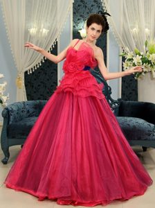 Coral Red Organza One Shoulder Custom Quince Dress with Court Train