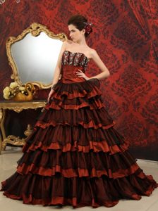 Rust Red and Black Ruffled Sweet Sixteen Dresses with Court Train